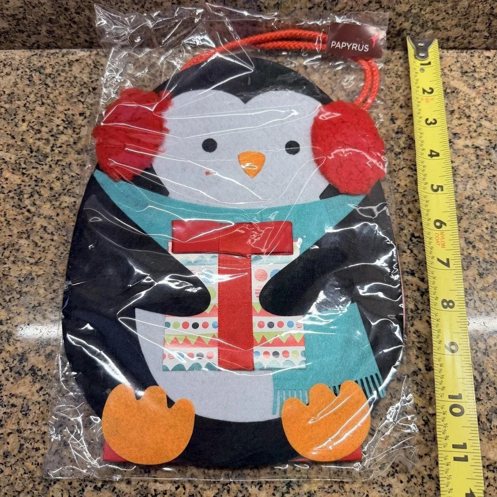 Papyrus Penguin Christmas Gift Tote Bag Medium Felt Red Earmuffs Present